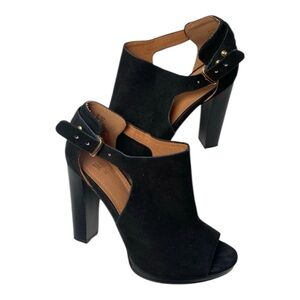 H&M Black Suede Peep-Toe Ankle Boots with Gold Metal Buckle